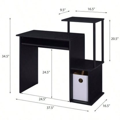 Black Computer Desk with Keyboard Tray and Open Shelving