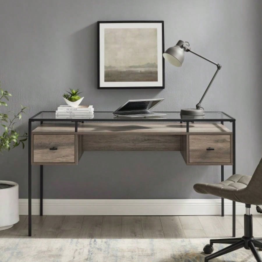 Contemporary Metal Frame Glass - Top Desk - Wash