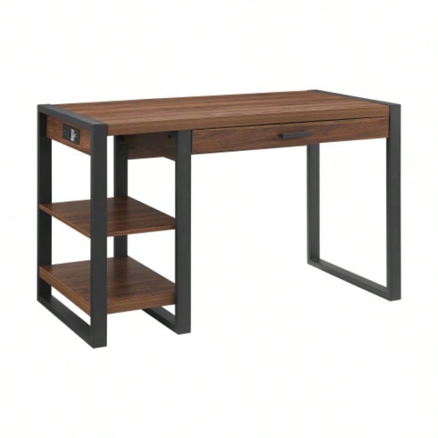 Modern Metal and Wood Computer Desk with USB Port - Dark Walnut