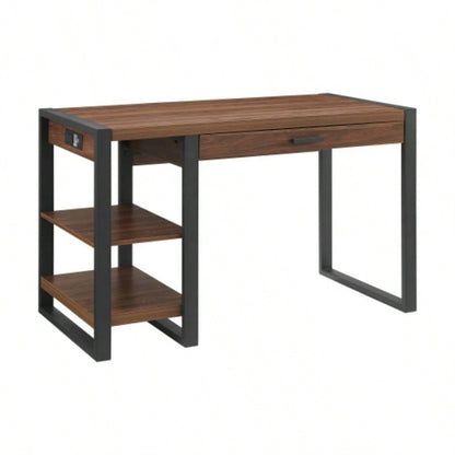 Modern Metal and Wood Computer Desk with USB Port - Dark Walnut