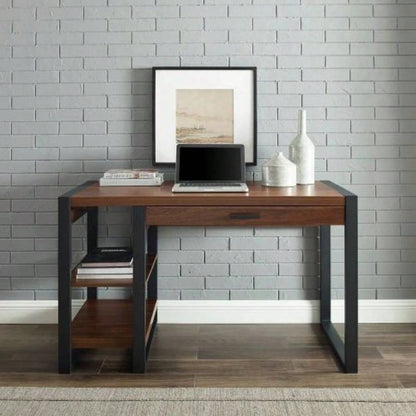 Modern Metal and Wood Computer Desk with USB Port - Dark Walnut