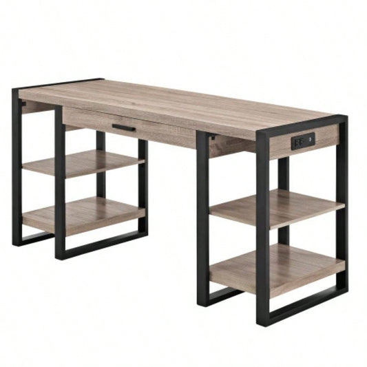 Modern Metal and Wood Computer Desk with USB Ports - Driftwood