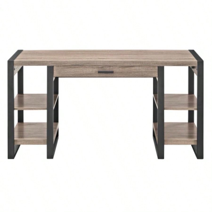 Modern Metal and Wood Computer Desk with USB Ports - Driftwood