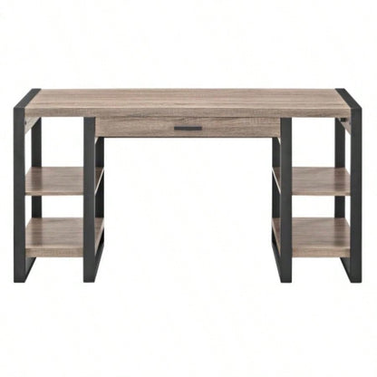 Modern Metal and Wood Computer Desk with USB Ports - Driftwood