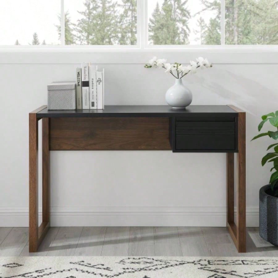 Modern Fluted - Drawer Writing Desk - Dark Walnut/ Solid Black