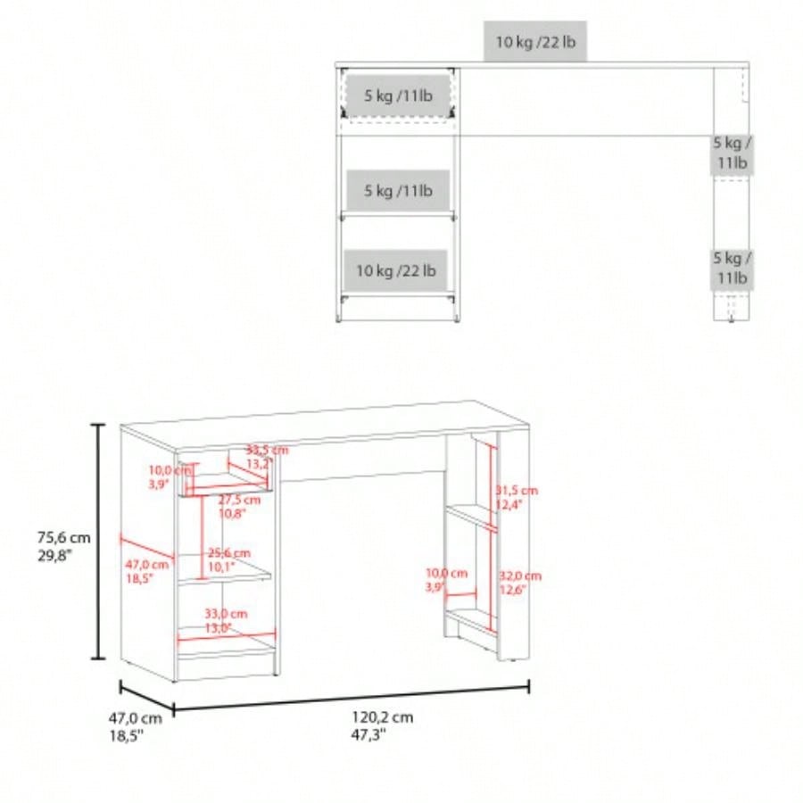 Computer Desk, 1 Drawer, 2 Shelves, White