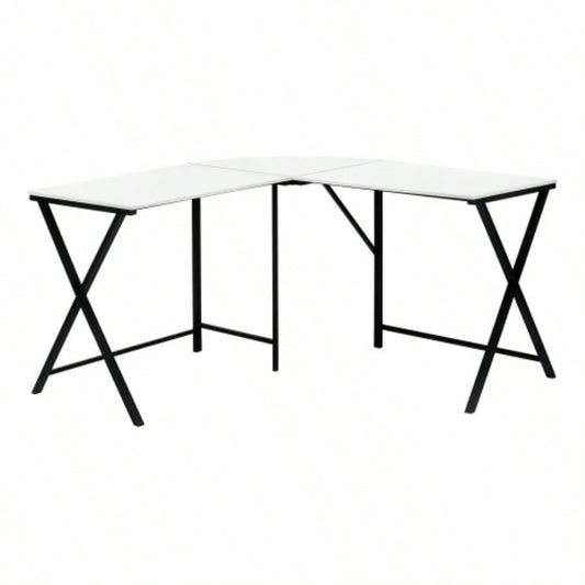 Computer Desk, Home Office, Corner, 55l, L Shape, Work, Laptop, White Laminate, Black Metal, Contemporary, Modern
