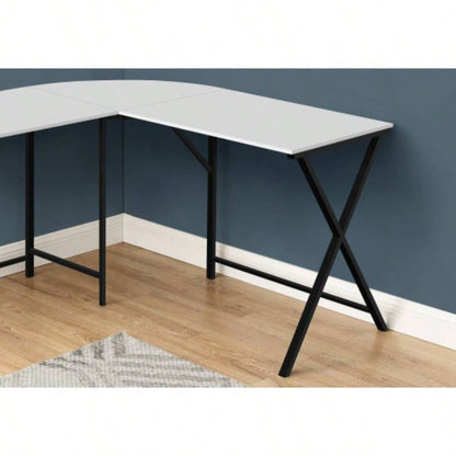 Computer Desk, Home Office, Corner, 55l, L Shape, Work, Laptop, White Laminate, Black Metal, Contemporary, Modern