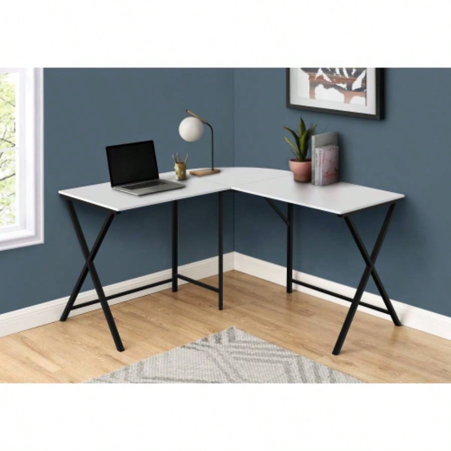 Computer Desk, Home Office, Corner, 55l, L Shape, Work, Laptop, White Laminate, Black Metal, Contemporary, Modern
