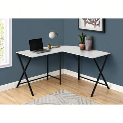 Computer Desk, Home Office, Corner, 55l, L Shape, Work, Laptop, White Laminate, Black Metal, Contemporary, Modern