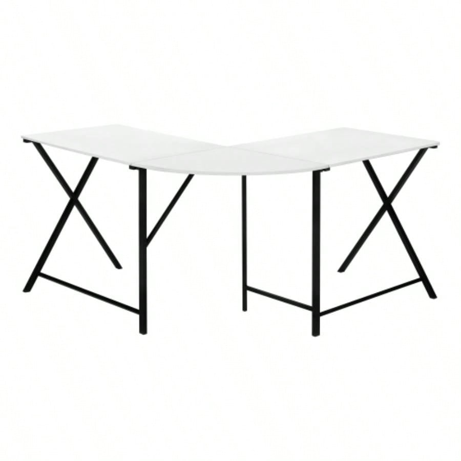 Computer Desk, Home Office, Corner, 55l, L Shape, Work, Laptop, White Laminate, Black Metal, Contemporary, Modern