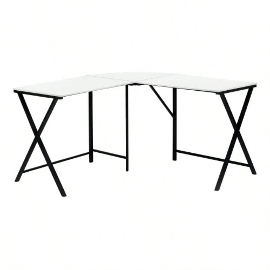 Computer Desk, Home Office, Corner, 55l, L Shape, Work, Laptop, White Laminate, Black Metal, Contemporary, Modern