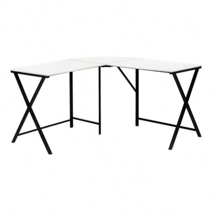 Computer Desk, Home Office, Corner, 55l, L Shape, Work, Laptop, White Laminate, Black Metal, Contemporary, Modern