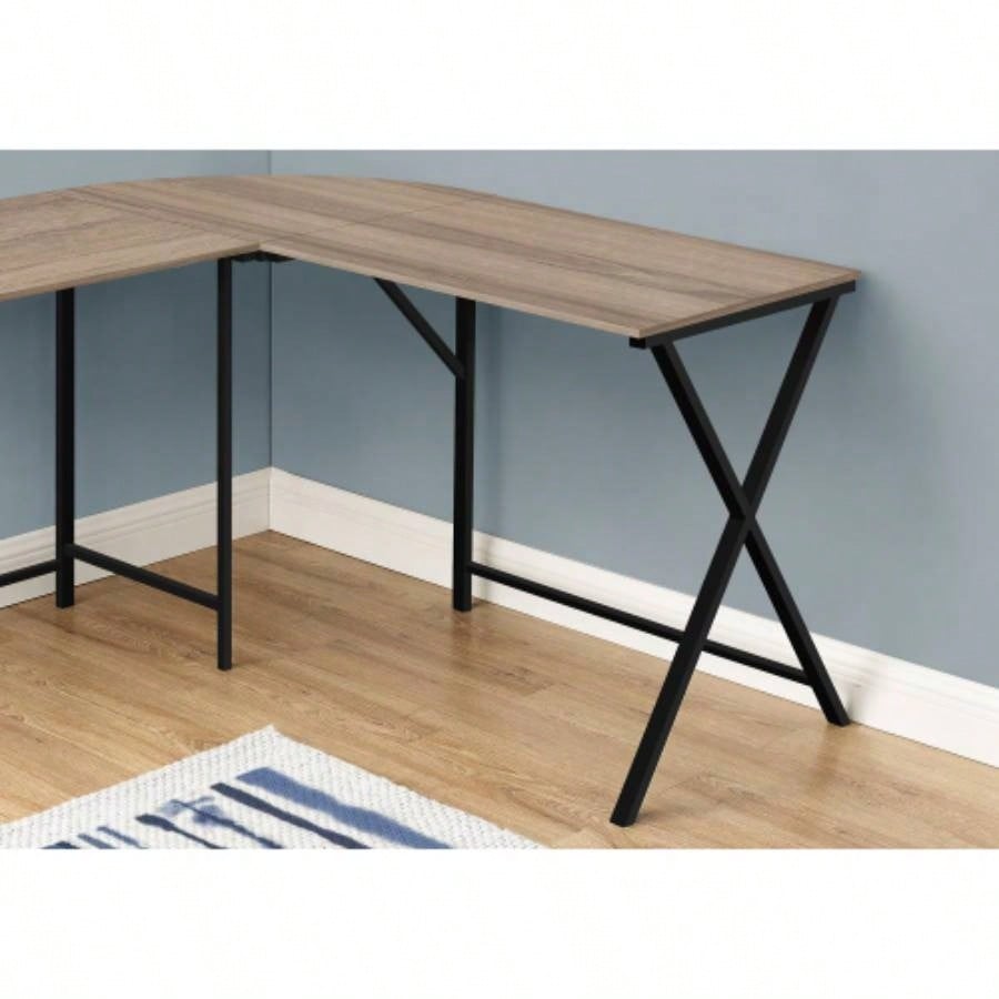Computer Desk, Home Office, Corner, 55l, L Shape, Work, Laptop, Brown Laminate, Black Metal, Contemporary, Modern