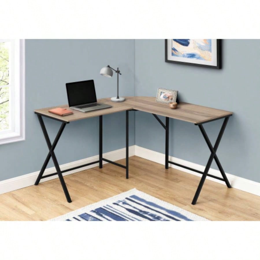 Computer Desk, Home Office, Corner, 55l, L Shape, Work, Laptop, Brown Laminate, Black Metal, Contemporary, Modern