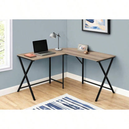 Computer Desk, Home Office, Corner, 55l, L Shape, Work, Laptop, Brown Laminate, Black Metal, Contemporary, Modern