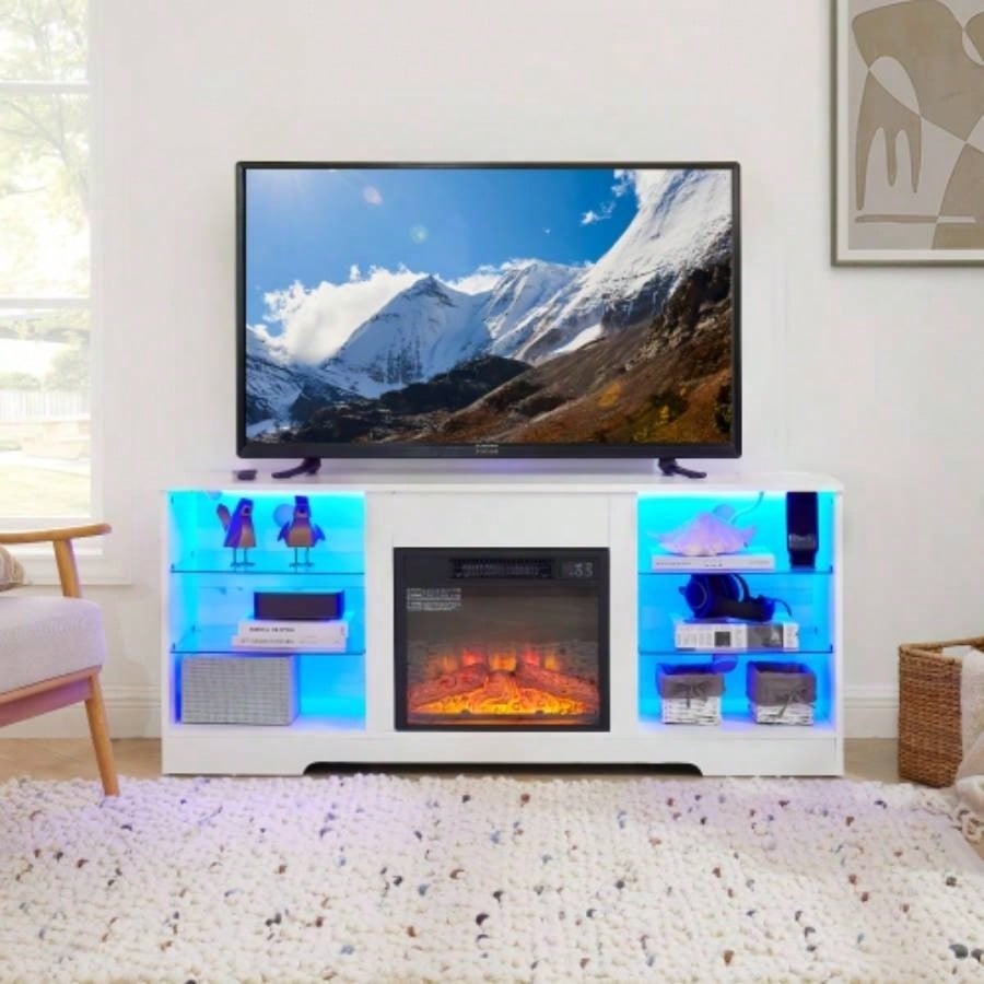 TV Stand Fireplace TV Stand with Glass Shelves, 3D Fireplace TV Stand with LED Lights Wood with USB Charging Outlet Modern Television Table Center TV up to 32 - 62 White 5815.4D*24.4