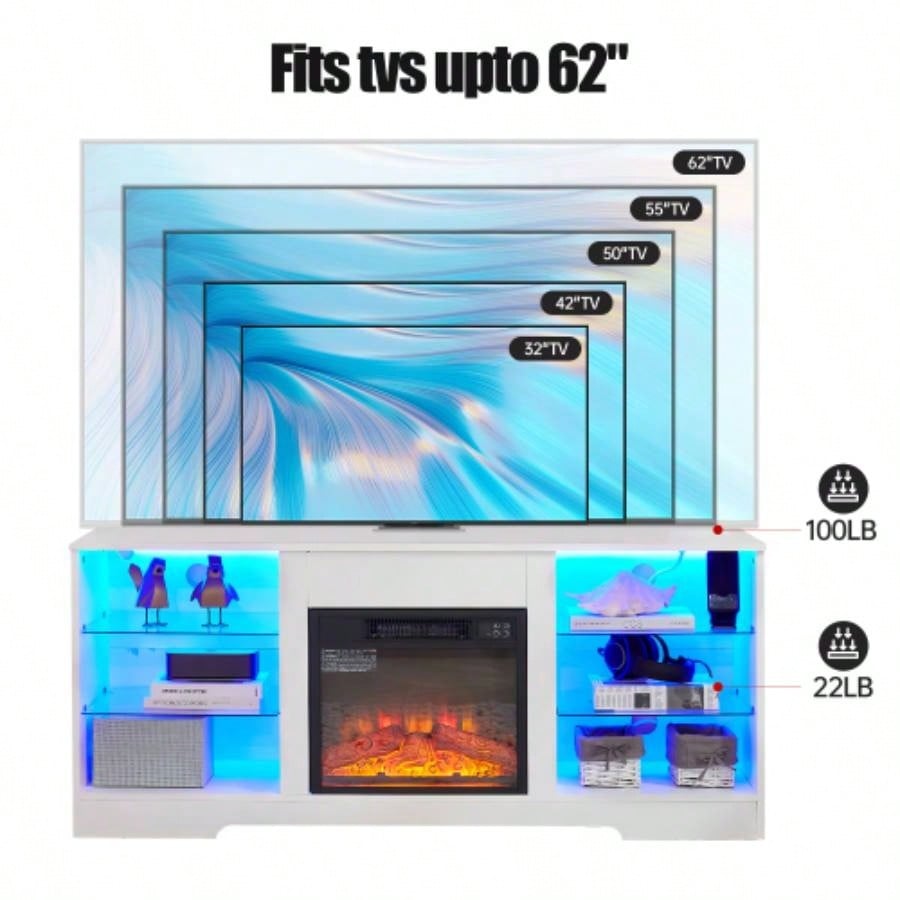TV Stand Fireplace TV Stand with Glass Shelves, 3D Fireplace TV Stand with LED Lights Wood with USB Charging Outlet Modern Television Table Center TV up to 32 - 62 White 5815.4D*24.4