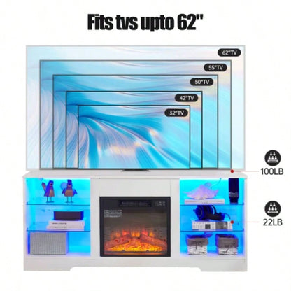TV Stand Fireplace TV Stand with Glass Shelves, 3D Fireplace TV Stand with LED Lights Wood with USB Charging Outlet Modern Television Table Center TV up to 32 - 62 White 5815.4D*24.4