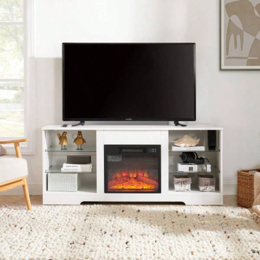 TV Stand Fireplace TV Stand with Glass Shelves, 3D Fireplace TV Stand with LED Lights Wood with USB Charging Outlet Modern Television Table Center TV up to 32 - 62 White 5815.4D*24.4