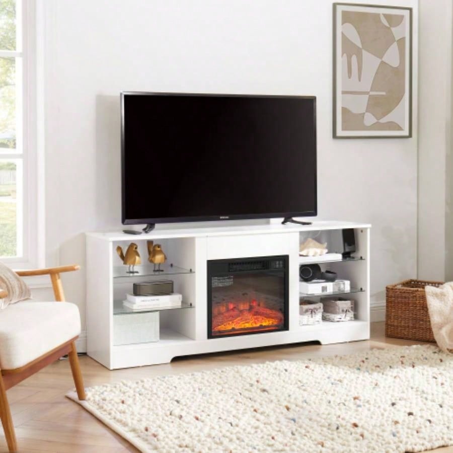TV Stand Fireplace TV Stand with Glass Shelves, 3D Fireplace TV Stand with LED Lights Wood with USB Charging Outlet Modern Television Table Center TV up to 32 - 62 White 5815.4D*24.4