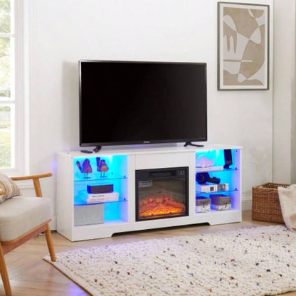 TV Stand Fireplace TV Stand with Glass Shelves, 3D Fireplace TV Stand with LED Lights Wood with USB Charging Outlet Modern Television Table Center TV up to 32 - 62 White 5815.4D*24.4