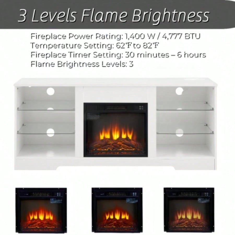 TV Stand Fireplace TV Stand with Glass Shelves, 3D Fireplace TV Stand with LED Lights Wood with USB Charging Outlet Modern Television Table Center TV up to 32 - 62 White 5815.4D*24.4