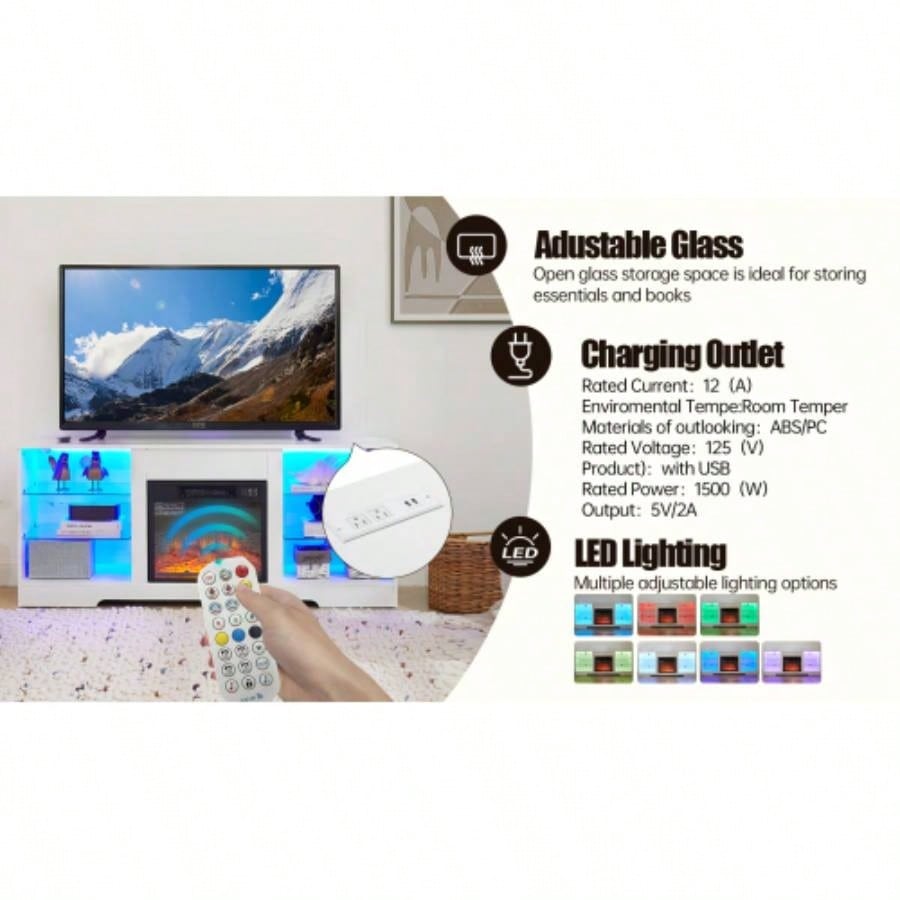 TV Stand Fireplace TV Stand with Glass Shelves, 3D Fireplace TV Stand with LED Lights Wood with USB Charging Outlet Modern Television Table Center TV up to 32 - 62 White 5815.4D*24.4