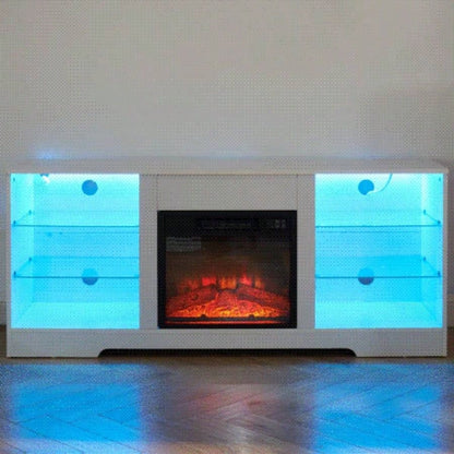 TV Stand Fireplace TV Stand with Glass Shelves, 3D Fireplace TV Stand with LED Lights Wood with USB Charging Outlet Modern Television Table Center TV up to 32 - 62 White 5815.4D*24.4