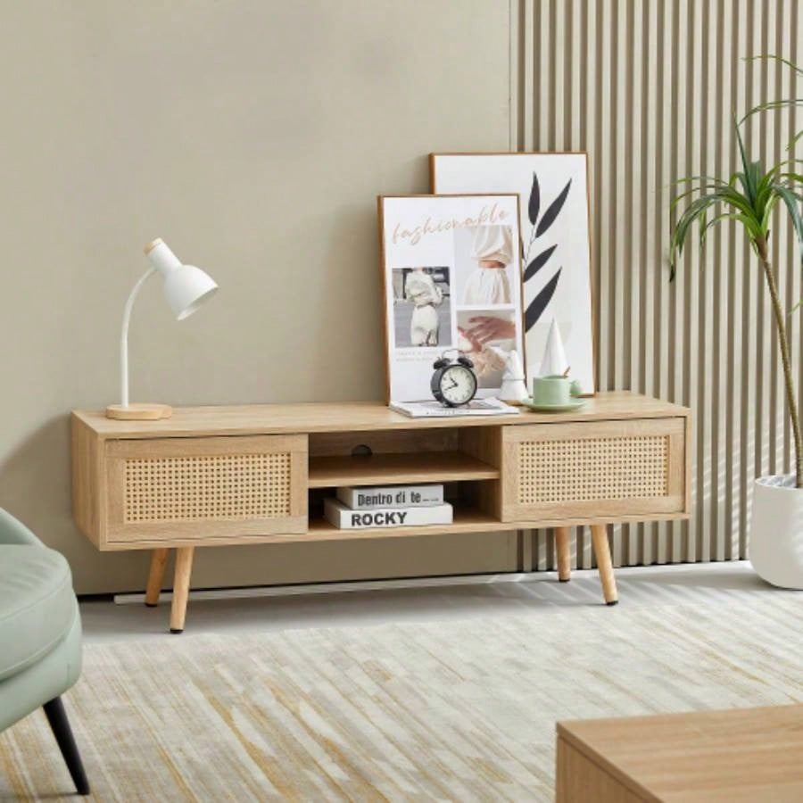 55.12 Rattan TV cabinet, double sliding doors storage, adjustable shelf, solid wood, TV console living room, natural