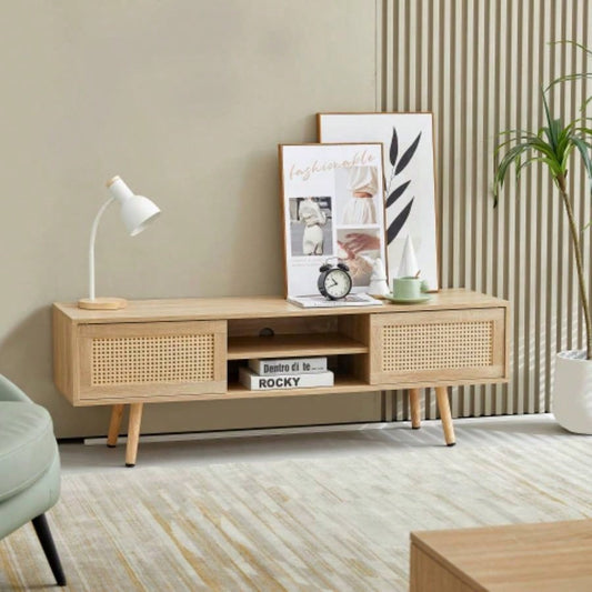 55.12 Rattan TV cabinet, double sliding doors storage, adjustable shelf, solid wood, TV console living room, natural