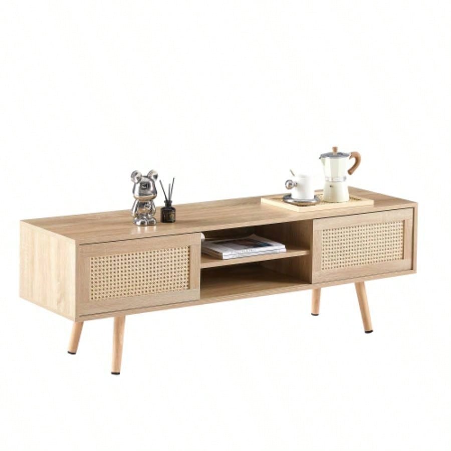 55.12 Rattan TV cabinet, double sliding doors storage, adjustable shelf, solid wood, TV console living room, natural