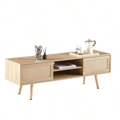 55.12 Rattan TV cabinet, double sliding doors storage, adjustable shelf, solid wood, TV console living room, natural