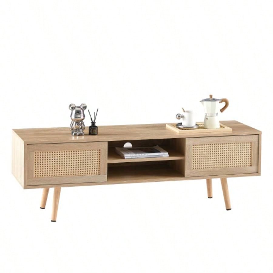 55.12 Rattan TV cabinet, double sliding doors storage, adjustable shelf, solid wood, TV console living room, natural