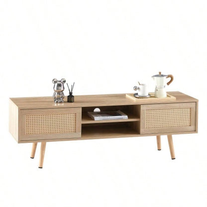 55.12 Rattan TV cabinet, double sliding doors storage, adjustable shelf, solid wood, TV console living room, natural