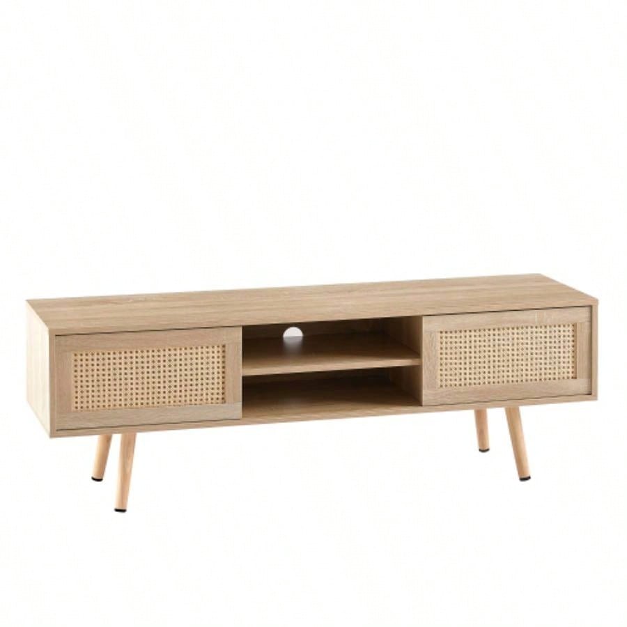 55.12 Rattan TV cabinet, double sliding doors storage, adjustable shelf, solid wood, TV console living room, natural