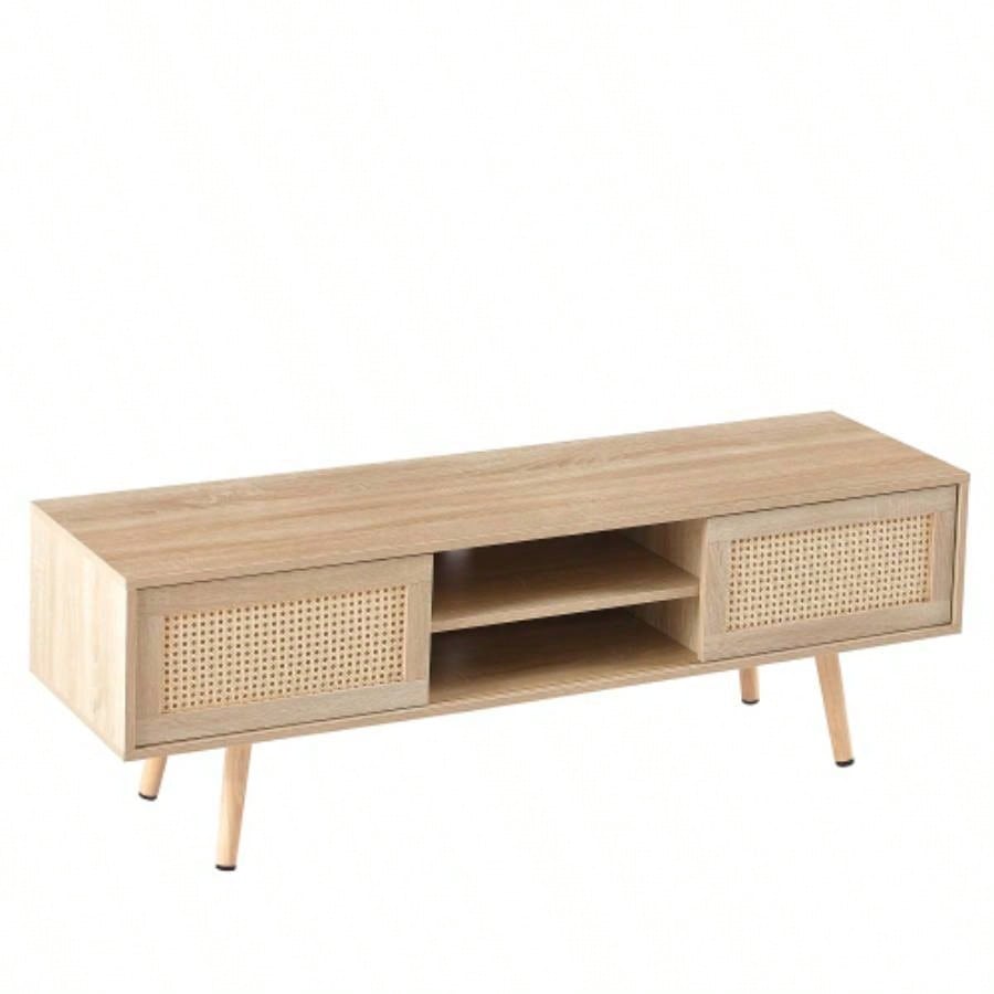 55.12 Rattan TV cabinet, double sliding doors storage, adjustable shelf, solid wood, TV console living room, natural