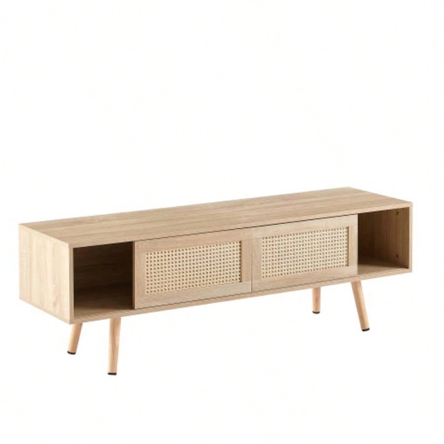 55.12 Rattan TV cabinet, double sliding doors storage, adjustable shelf, solid wood, TV console living room, natural