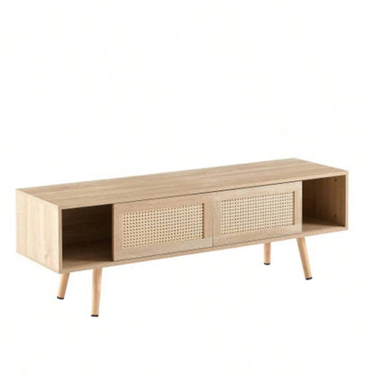 55.12 Rattan TV cabinet, double sliding doors storage, adjustable shelf, solid wood, TV console living room, natural