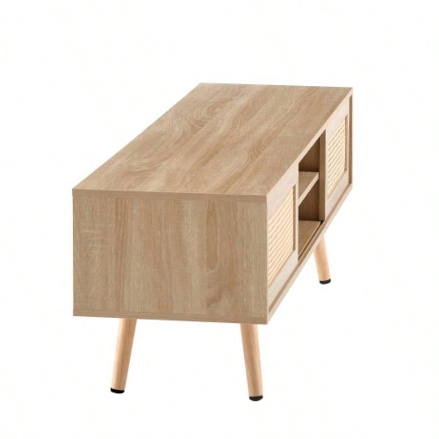 55.12 Rattan TV cabinet, double sliding doors storage, adjustable shelf, solid wood, TV console living room, natural