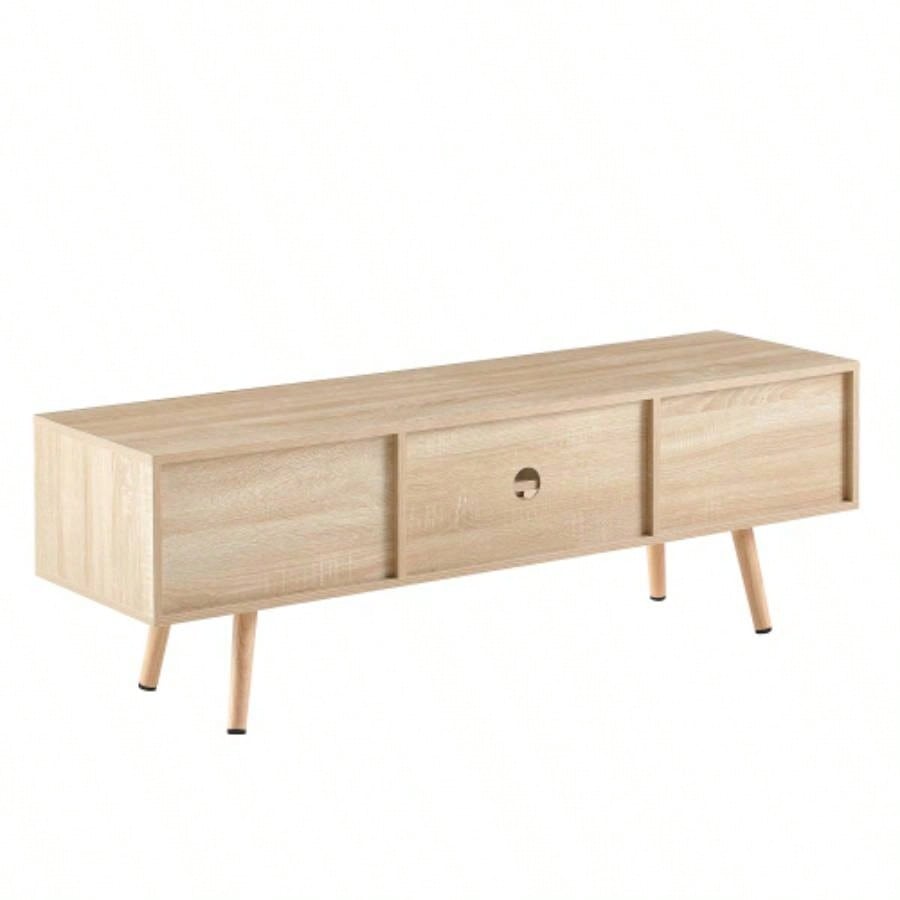 55.12 Rattan TV cabinet, double sliding doors storage, adjustable shelf, solid wood, TV console living room, natural