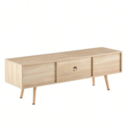 55.12 Rattan TV cabinet, double sliding doors storage, adjustable shelf, solid wood, TV console living room, natural