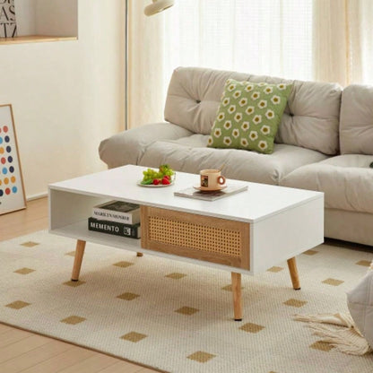 55.12 Rattan TV cabinet, double sliding doors storage, adjustable shelf, solid wood, TV console living room, natural