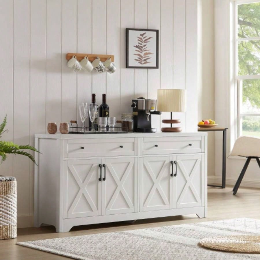 61 inch TV cabinet living room, multifunctional combination TV cabinet, large capacity storage cabinet, can be used in living room, bedroom, office area, white, 61.3Lx 15x 29.8H.