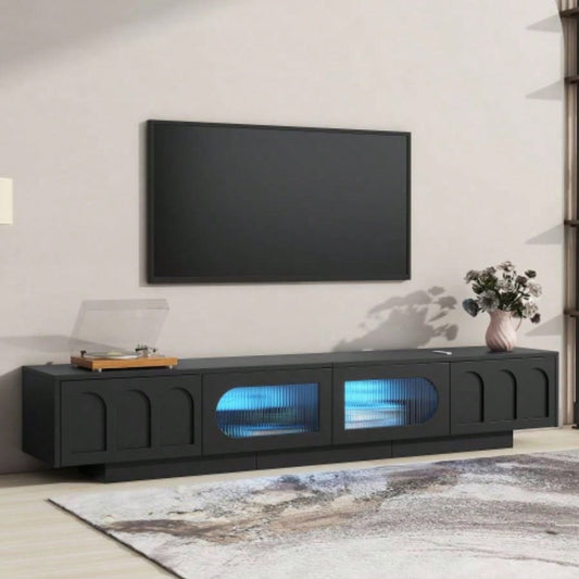 ON - TREND TV Stand with Fluted tempered Glass Doors TVs Up to 95 Functional Media Console with Arched Cabinet Doors, Entertainment Center with APP - Controlled LED Light Living Room, Black