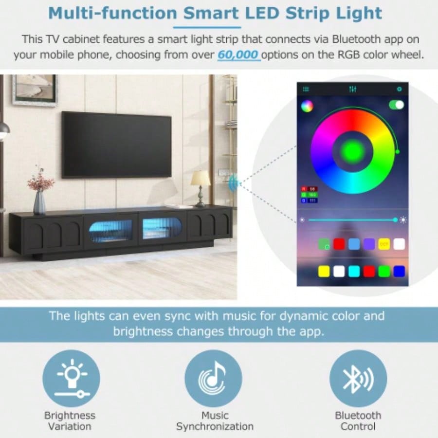 ON - TREND TV Stand with Fluted tempered Glass Doors TVs Up to 95 Functional Media Console with Arched Cabinet Doors, Entertainment Center with APP - Controlled LED Light Living Room, Black