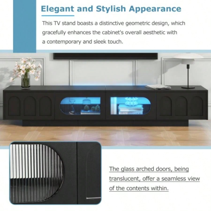 ON - TREND TV Stand with Fluted tempered Glass Doors TVs Up to 95 Functional Media Console with Arched Cabinet Doors, Entertainment Center with APP - Controlled LED Light Living Room, Black