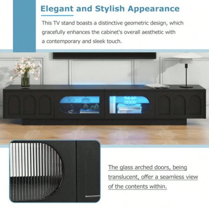 ON - TREND TV Stand with Fluted tempered Glass Doors TVs Up to 95 Functional Media Console with Arched Cabinet Doors, Entertainment Center with APP - Controlled LED Light Living Room, Black