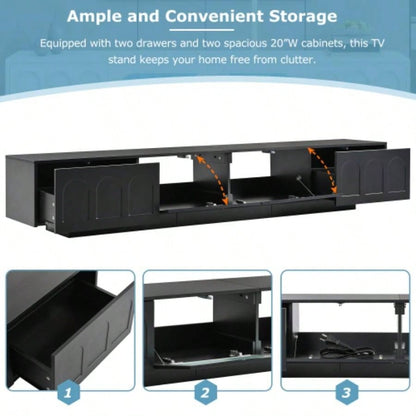 ON - TREND TV Stand with Fluted tempered Glass Doors TVs Up to 95 Functional Media Console with Arched Cabinet Doors, Entertainment Center with APP - Controlled LED Light Living Room, Black