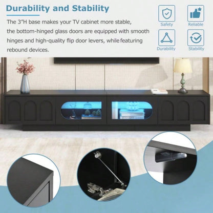 ON - TREND TV Stand with Fluted tempered Glass Doors TVs Up to 95 Functional Media Console with Arched Cabinet Doors, Entertainment Center with APP - Controlled LED Light Living Room, Black